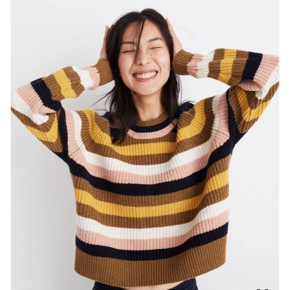 Madewell Striped Tilden Pullover Sweater Size XL  Merino Wool Blend - Picture 1 of 12